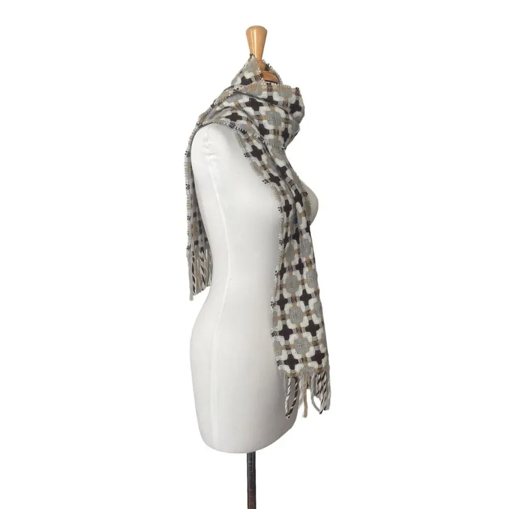 Women's Scarf Shawl Wrap 30% Wool Made in Italy Woven Brown Grey Fringe 68 x 10